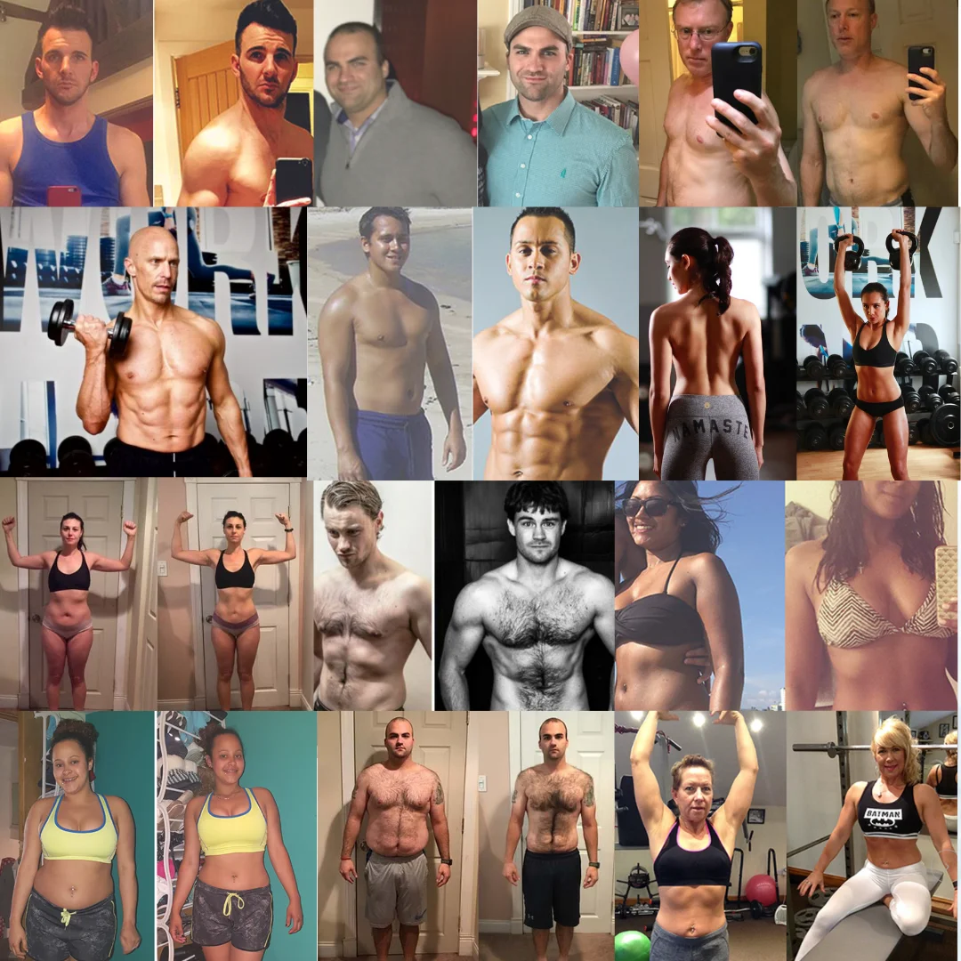 Before and After montage of several online personal training clients