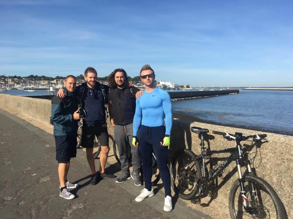 Fitness coach Scott Laidler and friends on a cycling trip on the isle of wight