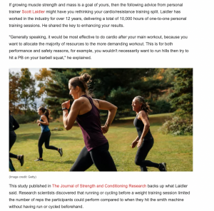 Fit & well magazine article discussing cardio before weight lifting featuring commentary from Personal trainer Scott Laidler