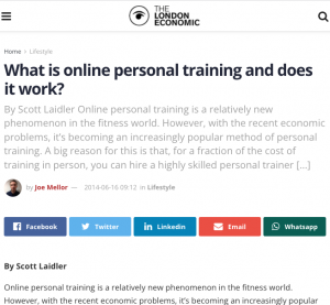 What is online personal training article mentioning scottlaidler.com and fitness coach Scott Laidler in the London Economic