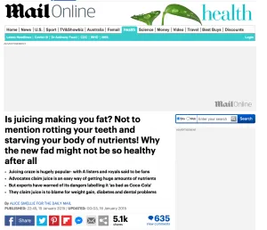 Personal trainer Scott Laidler's comments on the potential fat gain consequences of fruit juices for the Mail Online website