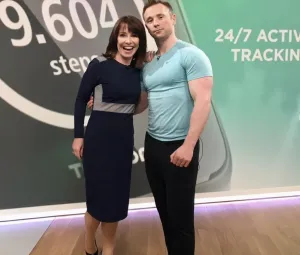 Personal trainer Scott Laidler with TV news presenter Kay Burley in the Sky TV studios