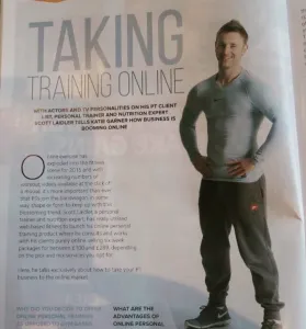 Print copy featuring an image of personal trainer Scott Laidler highlighting how Scott took personal training online